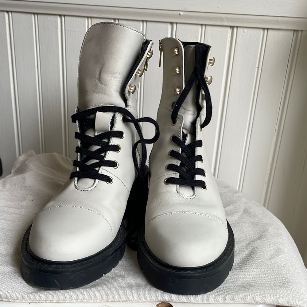 All Saints White and Black Combat Boots with Textured Leather
